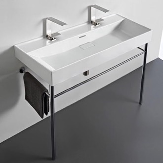 Console Bathroom Sink Trough White Ceramic Console Sink and Polished Chrome Stand CeraStyle 037600-U-CON