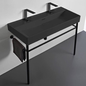 Console Bathroom Sink Trough Matte Black Ceramic Console Sink and Matte Black Stand CeraStyle 037607-U-97-CON-BLK
