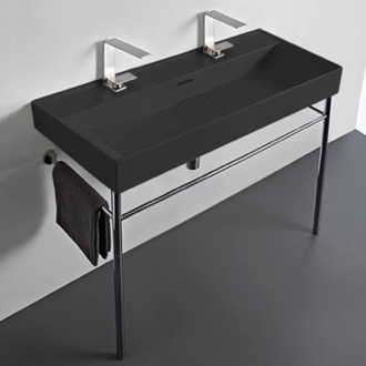 Console Bathroom Sink Trough Matte Black Ceramic Console Sink and Polished Chrome Stand CeraStyle 037607-U-97-CON