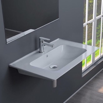 Bathroom Sink Rectangular White Ceramic Wall Mounted Sink CeraStyle 042000-U