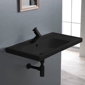 Bathroom Sink Black Ceramic Wall Mounted or Drop In Sink With Counter Space CeraStyle 031107-U-97