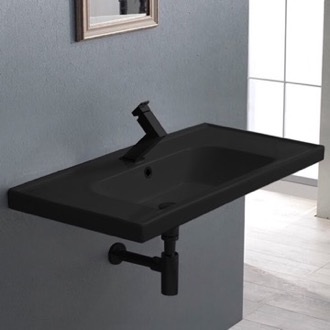 Bathroom Sink Black Rectangle Ceramic Wall Mounted or Drop In Sink CeraStyle 031207-U-97