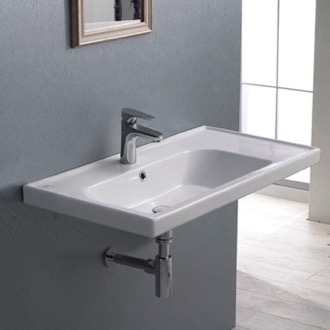Bathroom Sink Rectangular Ceramic Wall Mounted or Drop In Sink With Counter Space CeraStyle 031100-U