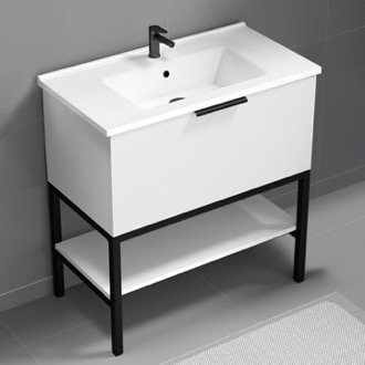 Bathroom Vanity Free Standing Bathroom Vanity and Shelf, Glossy White, 34 Inch Nameeks BODRUM5