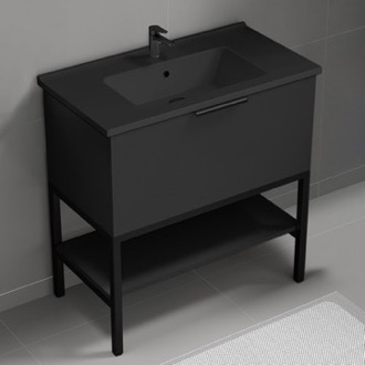 Bathroom Vanity Black Free Standing Bathroom Vanity, Modern, Black Ceramic Sink Top and Shelf, 34 Inch Nameeks BODRUM71