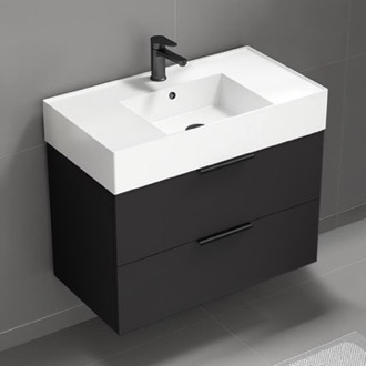 Modern Bathroom Vanity with Black Sink, Small, Floating, 24 inch , Brown Oak, Nameeks DERIN53