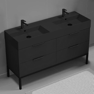 Bathroom Vanity Double Bathroom Vanity With Black Sink, Floor Standing, 56