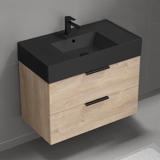 Bathroom Vanity Modern Bathroom Vanity, Floating, Brown Oak, Black Ceramic Sink, 32 Inch Nameeks DERIN69
