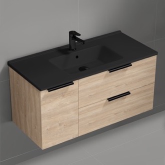 Bathroom Vanity Wall Mounted Bathroom Vanity, Modern, Brown Oak, Black Ceramic Sink, 40 Inch Nameeks BODRUM126
