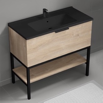 Bathroom Vanity Free Standing Bathroom Vanity, Modern, Black Ceramic Sink and Shelf, Brown Oak, 40 Inch Nameeks BODRUM99
