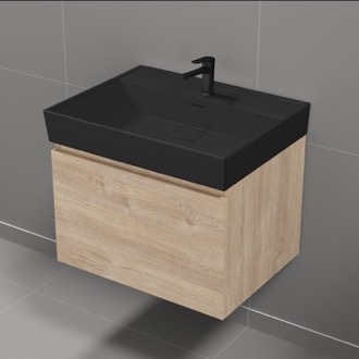 Bathroom Vanity Floating Small Bathroom Vanity, Brown Oak, Black Ceramic Sink, 24 Inch Nameeks SHARP17