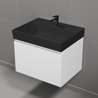 Bathroom Vanity Floating Small Bathroom Vanity, Glossy White, Black Ceramic Sink, 24 Inch Nameeks SHARP18