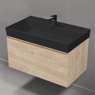 Bathroom Vanity Floating Bathroom Vanity, Brown Oak, Black Ceramic Sink, 32 Inch Nameeks SHARP21