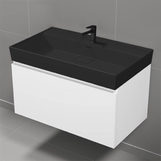 Bathroom Vanity Floating Bathroom Vanity, Glossy White, Black Ceramic Sink, 32 Inch Nameeks SHARP22