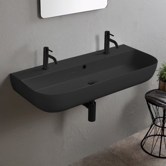 Bathroom Sink Black Ceramic Trough Wall Mounted or Vessel Sink Scarabeo 1813B-49