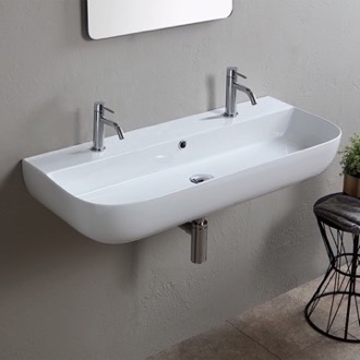 Bathroom Sink Modern White Ceramic Wall Mounted or Vessel Sink Scarabeo 1813B