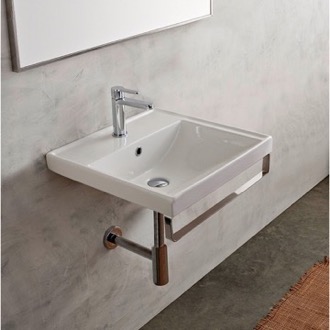 Bathroom Sink Square Wall Mounted Ceramic Sink With Polished Chrome Towel Bar Scarabeo 3001-TB