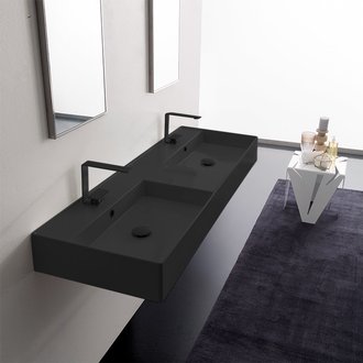 Bathroom Sink Double Matte Black Ceramic Wall Mounted or Vessel Sink With Counter Space Scarabeo 5116-49
