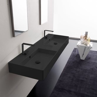 Bathroom Sink Double Black Ceramic Wall Mounted or Vessel Sink With Counter Space Scarabeo 5116-49
