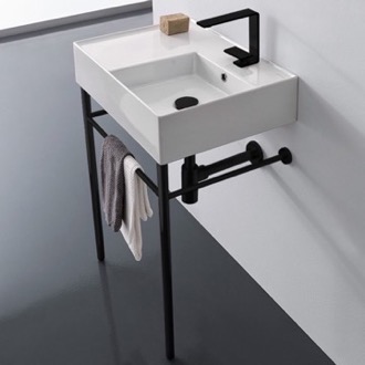 Narrow Depth Console Sink Bathoom Vanity for Powder Room, 24, Matte Black Metal Legs, Teorema Scarabeo 8031/R-60-CON-BLK by Nameeks