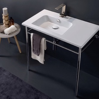 Console Bathroom Sink Rectangular Ceramic Console Sink and Polished Chrome Stand Scarabeo 5211-CON
