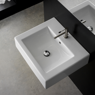 Bathroom Sink Square White Ceramic Wall Mounted or Vessel Sink Scarabeo 8007/B