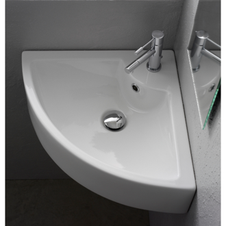 Bathroom Sink Square White Ceramic Wall Mounted or Vessel Corner Sink Scarabeo 8007/E