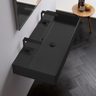 Bathroom Sink Matte Black Ceramic Trough Wall Mounted or Vessel Sink Scarabeo 8031/R-100B-49