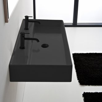 Bathroom Sink Black Ceramic Trough Wall Mounted or Vessel Sink Scarabeo 8031/R-120B-49