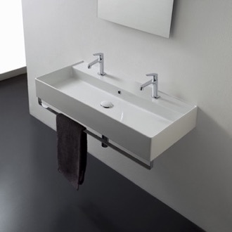 Bathroom Sink Wall Mounted Double Ceramic Sink With Polished Chrome Towel Bar Scarabeo 8031/R-120B-TB