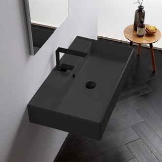 Bathroom Sink Rectangular Matte Black Ceramic Wall Mounted or Vessel Sink Scarabeo 8031/R-80-49