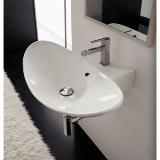 Bathroom Sink Oval-Shaped White Ceramic Wall Mounted or Vessel Sink Scarabeo 8205