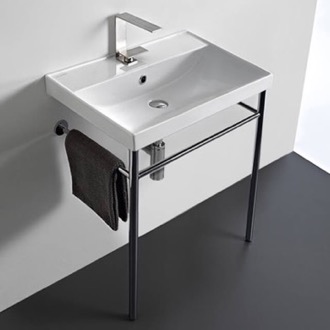 Console Bathroom Sink Rectangular Ceramic Console Sink and Polished Chrome Stand Scarabeo 3004-CON