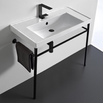 Bathroom Sink Rectangular Ceramic Console Sink and Matte Black Stand Scarabeo 3005-CON-BLK