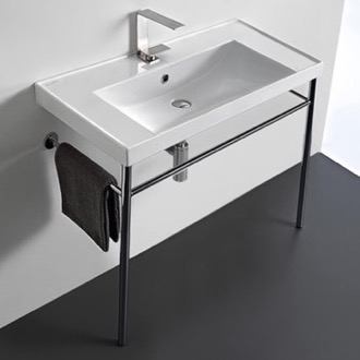 Console Bathroom Sink Rectangular Ceramic Console Sink and Polished Chrome Stand Scarabeo 3005-CON