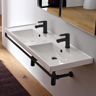 Bathroom Sink Double Basin Wall Mounted Ceramic Sink With Black Towel Bar Scarabeo 3006-TB-BLK