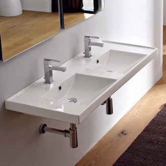 Bathroom Sink Rectangular Double White Ceramic Drop In or Wall Mounted Bathroom Sink Scarabeo 3006