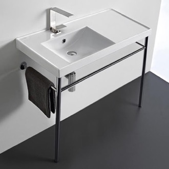 Console Bathroom Sink Rectangular Ceramic Console Sink and Polished Chrome Stand Scarabeo 3008-CON