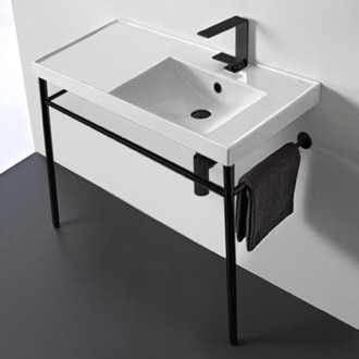 Bathroom Sink Rectangular Ceramic Console Sink and Matte Black Stand Scarabeo 3009-CON-BLK