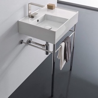 Console Bathroom Sink Rectangular Ceramic Console Sink and Polished Chrome Stand Scarabeo 5114-CON