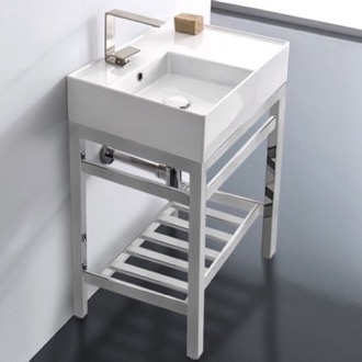 Console Bathroom Sink Small Modern Console Sink Vanity, 24 Inch, Polished Chrome Metal Stand Scarabeo 5114-CON2