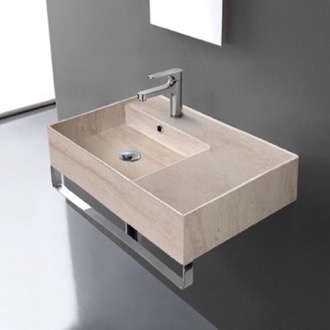 Bathroom Sink Beige Travertine Design Ceramic Wall Mounted Sink With Counter Space, Towel Bar Included Scarabeo 5114-E-TB