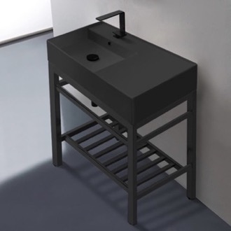 Console Bathroom Sink Modern Matte Black Ceramic Console Sink and Matte Black Base Scarabeo 5115-49-CON2-BLK