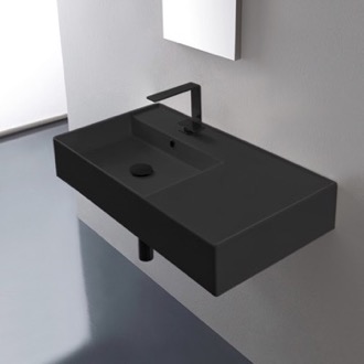 Bathroom Sink Matte Black Ceramic Wall Mounted or Vessel Sink With Counter Space Scarabeo 5115-49
