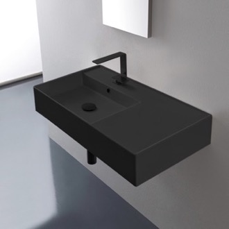 Bathroom Sink Black Ceramic Wall Mounted or Vessel Sink With Counter Space Scarabeo 5115-49
