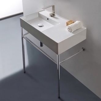 Console Bathroom Sink Rectangular Ceramic Console Sink and Polished Chrome Stand Scarabeo 5115-CON