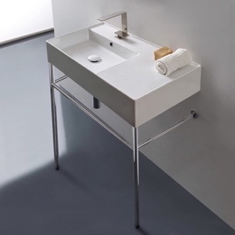 Console Bathroom Sink Rectangular Ceramic Console Sink and Polished Chrome Stand, 32