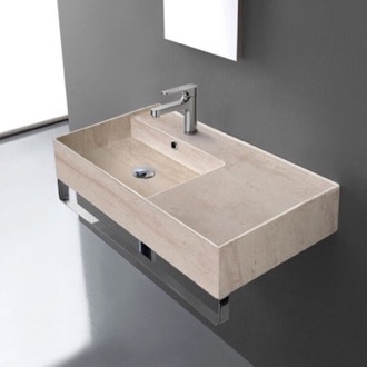 Bathroom Sink Beige Travertine Design Ceramic Wall Mounted Sink With Counter Space, Towel Bar Included Scarabeo 5115-E-TB