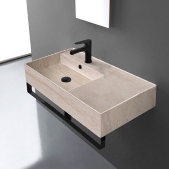 Bathroom Sink Beige Travertine Design Ceramic Wall Mounted Sink With Black Towel Bar Scarabeo 5115-E-TB-BLK