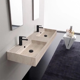 Bathroom Sink Beige Travertine Design Ceramic Wall Mounted or Vessel Double Sink With Counter Space Scarabeo 5116-E